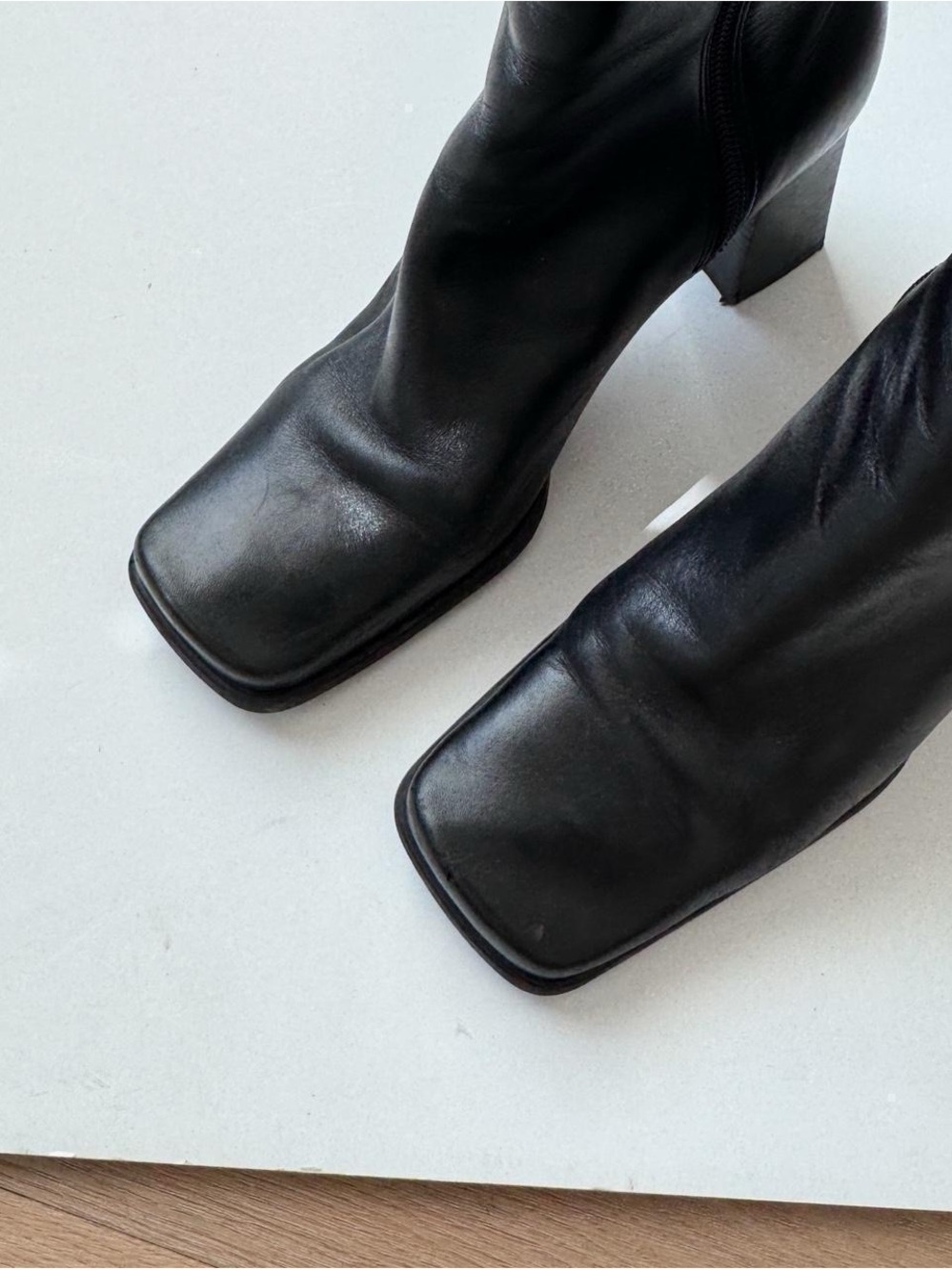 Vintage 90s Black Leather Ankle Boots 9 Square Chunky Heel Nine West - Picture 5 of 6